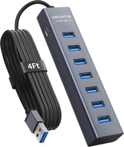 4FT 7-Port USB 3.0 Hub Multiport Adapter for Desktop, Laptop | Aluminium USB Extender Hub 5Gbps, USB Splitter, USB Hub Long Cable for PC, Laptop, U Flash Drive, Mobile HDD, SSD, Windows